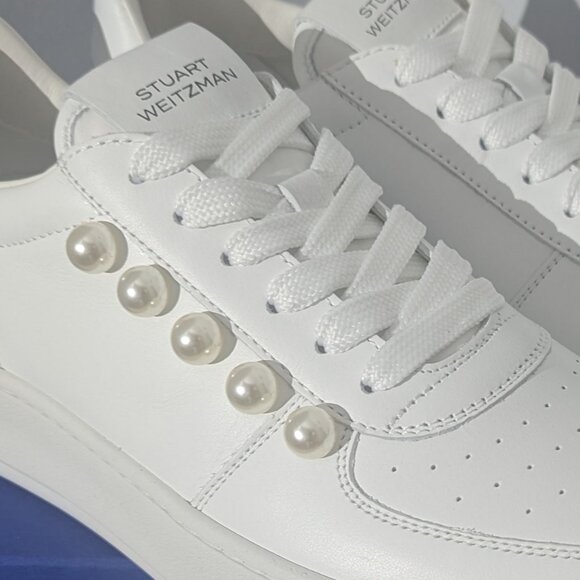 Stuart Weitzman $395 Italy Courtside Leather Crytalized Faux Pearl Sneakers - Picture 6 of 13
